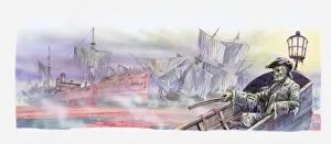 Illustration of ships graveyard in the Sargasso sea, wrecked ships and boat with skeleton sailor in the foreground Illustration of ships graveyard in the Sargasso sea, wrecked ships and boat with skeleton sailor in the foreground