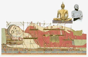 Illustration of showing the construction of the 10th Century Buddha in the city of Pegu in Burma Illustration of showing the construction of the 10th Century Buddha in the city of Pegu in Burma