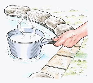 Illustration of showing how to melt ice covering pond using base of saucepan containing Illustration of showing how to melt ice covering pond using base of saucepan containing