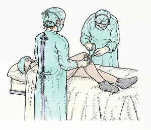 Illustration showing surgeon swabbing and removing object from knee of patient lying on operating table Illustration showing surgeon swabbing and removing object from knee of patient lying on operating table