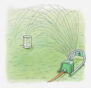 Illustration showing how to use garden sprinkler and jar to calculate how long to water an area of l Illustration showing how to use garden sprinkler and jar to calculate how long to water an area of l