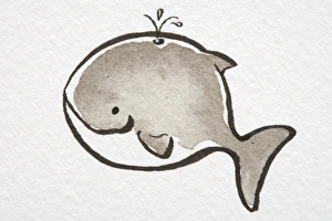 Illustration, smiling Whale spouting water from its blow hole, side view Illustration, smiling Whale spouting water from its blow hole, side view