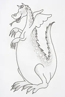 Illustration, smiling winged dragon with forked tongue, side view Illustration, smiling winged dragon with forked tongue, side view