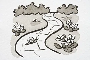Illustration, Snail crossing winding garden path, side view Illustration, Snail crossing winding garden path, side view