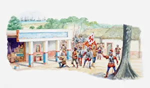Illustration of Spanish conquistadors claiming Aztec village Illustration of Spanish conquistadors claiming Aztec village