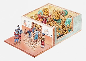 Illustration of Spanish conquistadors looting Aztec treasure hidden inside house Illustration of Spanish conquistadors looting Aztec treasure hidden inside house