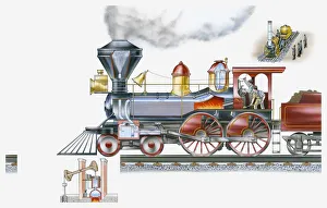 Illustration of steam train and smaller images of Rocket steam locomotive and mechanism of Thomas Newcomens engine Illustration of steam train and smaller images of Rocket steam locomotive and mechanism of Thomas Newcomens engine