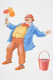 Illustration, stumbling clown holding bunch of flowers standing next to red bucket with water splashing Illustration, stumbling clown holding bunch of flowers standing next to red bucket with water splashing