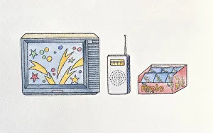 Illustration of television, radio and packets of sweets Illustration of television, radio and packets of sweets