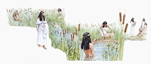 Illustration of Thermuthis bathing in River Nile as Jochebed holds baby Moses in basket Illustration of Thermuthis bathing in River Nile as Jochebed holds baby Moses in basket