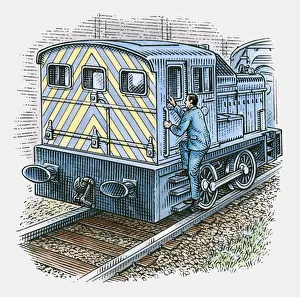 Illustration of train engineer moving up steps to engine door Illustration of train engineer moving up steps to engine door