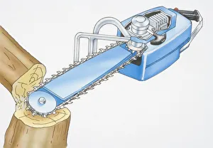 Illustration, tree trunk being sawn in two by electric chain saw Illustration, tree trunk being sawn in two by electric chain saw