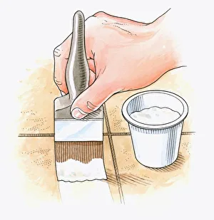 Illustration of using paintbrush and pot of natural yoghurt to age patio paving slabs Illustration of using paintbrush and pot of natural yoghurt to age patio paving slabs