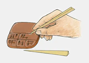 Illustration of using reed pen to write Sumerian cuneiform script on clay tablet Illustration of using reed pen to write Sumerian cuneiform script on clay tablet