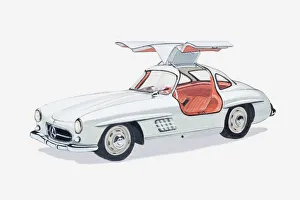 Illustration of vintage Mercedes Gullwing sports car, 1950s Illustration of vintage Mercedes Gullwing sports car, 1950s