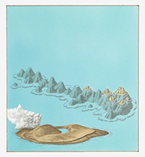Illustration of volcanic island of Surtsey (belonging to Iceland) and Hawaiian Islands chain Illustration of volcanic island of Surtsey (belonging to Iceland) and Hawaiian Islands chain
