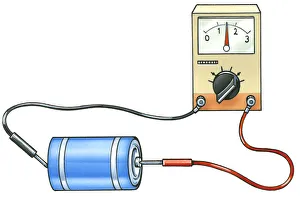 Illustration of voltmeter attached to battery, showing electromotive force on dial Illustration of voltmeter attached to battery, showing electromotive force on dial