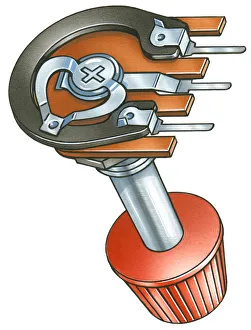 Illustration of volume control knob of radio showing metal contact sliding along carbon track Illustration of volume control knob of radio showing metal contact sliding along carbon track
