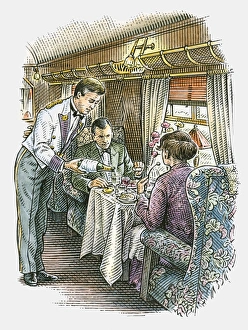 Illustration of waiter serving champagne to passengers in luxury train carriage Illustration of waiter serving champagne to passengers in luxury train carriage