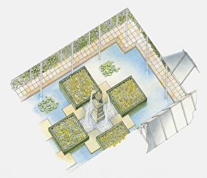 Illustration of a water feature consisting of fountain, square flower beds, and man-made pond Illustration of a water feature consisting of fountain, square flower beds, and man-made pond