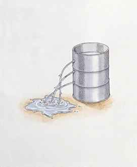 Illustration of water flowing from holes in metal barrel at different heights demonstrating hydrostatic pressure Illustration of water flowing from holes in metal barrel at different heights demonstrating hydrostatic pressure
