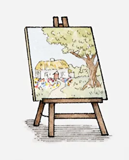 Illustration of watercolour painting of thatched cottage on easel Illustration of watercolour painting of thatched cottage on easel