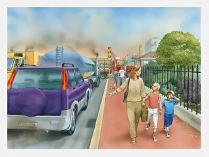 Illustration of woman and two children walking on pavement along street full of cars Illustration of woman and two children walking on pavement along street full of cars