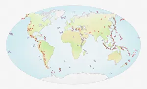 Illustration of world map showing sites of volcanic activity Illustration of world map showing sites of volcanic activity