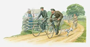 Illustration of the Wright brothers leading the way on country lane with their cycling club Illustration of the Wright brothers leading the way on country lane with their cycling club
