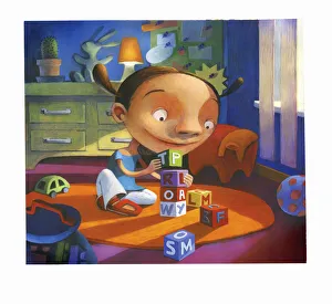 Illustration of a Young Girl Playing With Toy Blocks in Her Bedroom Illustration of a Young Girl Playing With Toy Blocks in Her Bedroom