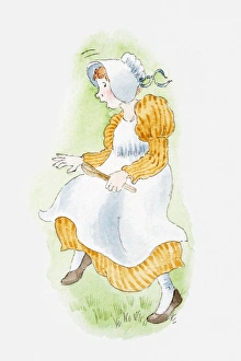 Illustration of a young woman dressed as a maid jumping in fright Illustration of a young woman dressed as a maid jumping in fright