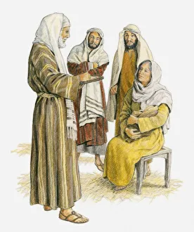 Illustration of Zechariah standing in front of a seated Elizabeth who is holding her baby Illustration of Zechariah standing in front of a seated Elizabeth who is holding her baby