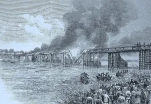 Historic Print of the Great Oder Bridge Fire in Glogau, Germany