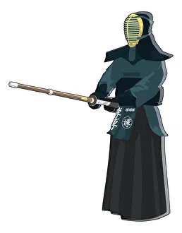Kendo martial arts fighter holding sword in front of him Kendo martial arts fighter holding sword in front of him