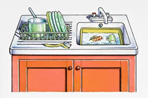 Kitchen sink, dishes in washing-up bowl and in drying rack Kitchen sink, dishes in washing-up bowl and in drying rack