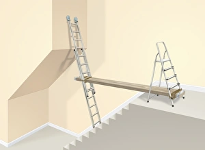Ladders in stairwell connected by a board Ladders in stairwell connected by a board