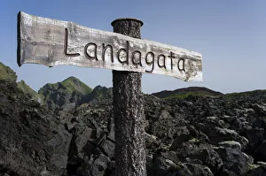 Landagata signpost, Eldfell lava field, town of Vestmannaeyjar, Heimaey, Westman Islands, south Iceland or Suourland Landagata signpost, Eldfell lava field, town of Vestmannaeyjar, Heimaey, Westman Islands, south Iceland or Suourland