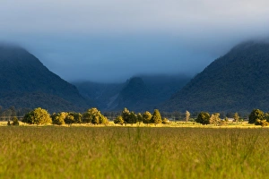 Landscape of green meadow and mountain range Landscape of green meadow and mountain range