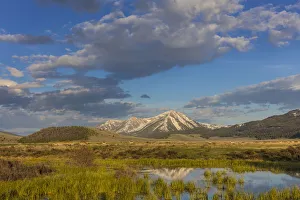 Landscape with herd of pronghorn antelope(Antilocapra americana) running and Sawtell Peak in background in Red Rocks National Wildlife Refuge, Montana, USA Landscape with herd of pronghorn antelope(Antilocapra americana) running and Sawtell Peak in background in Red Rocks National Wildlife Refuge, Montana, USA