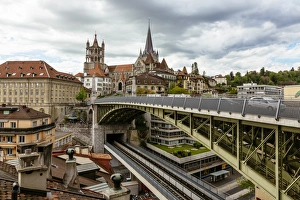 Lausanne cityscape with Lausanne Cathedral and Bessieres Bridge, Switzerland Lausanne cityscape with Lausanne Cathedral and Bessieres Bridge, Switzerland
