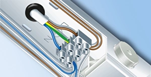 Light fitting with fixed terminals, close-up Light fitting with fixed terminals, close-up