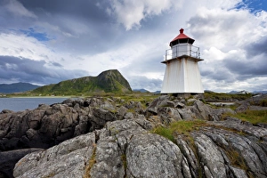 Lighthouse in Hov with cloudy sky, Lofoten Islands, Norway, Scandinavia, Europe, PublicGround Lighthouse in Hov with cloudy sky, Lofoten Islands, Norway, Scandinavia, Europe, PublicGround