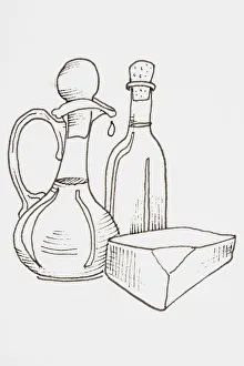 Line drawing of foods that provide fats and oils, including block of cheese Line drawing of foods that provide fats and oils, including block of cheese