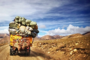 Loaded truck with bags in Himalaya MountainsTibet Loaded truck with bags in Himalaya MountainsTibet