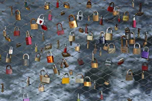 Love locks, padlocks, as a sign of live, at the main bridge over the Mur river, Graz, Styria, Austria, Europe Love locks, padlocks, as a sign of live, at the main bridge over the Mur river, Graz, Styria, Austria, Europe