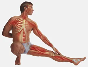 Man balancing on one foot, kneeling, other foot stretched out, hand behind back, other hand touching outstretched leg Man balancing on one foot, kneeling, other foot stretched out, hand behind back, other hand touching outstretched leg