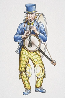 One man band, man in blue-and-yellow suit and top hat playing clarinet while carrying banjo on his shoulders One man band, man in blue-and-yellow suit and top hat playing clarinet while carrying banjo on his shoulders