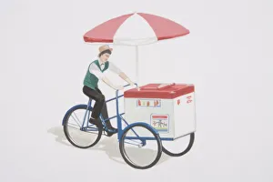 Man in green waistcoat and hat riding ice bike, a tricycle with umbrella and cool box used to sell ice cream Man in green waistcoat and hat riding ice bike, a tricycle with umbrella and cool box used to sell ice cream