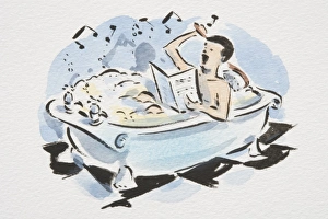 Man lying in bubble bath holding sheet of musical notations in one hand, scrubbing his back with brush in the other Man lying in bubble bath holding sheet of musical notations in one hand, scrubbing his back with brush in the other