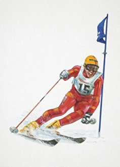Man skiing around slalom flag, front view Man skiing around slalom flag, front view